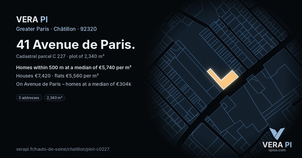 41 Avenue de Paris, Châtillon at night – the plot lit, the parcels around coloured by the prices near them