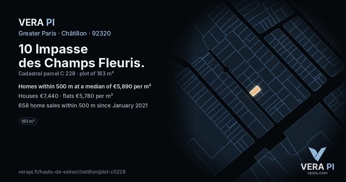 10 Impasse des Champs Fleuris, Châtillon at night – the plot lit, the parcels around coloured by the prices near them