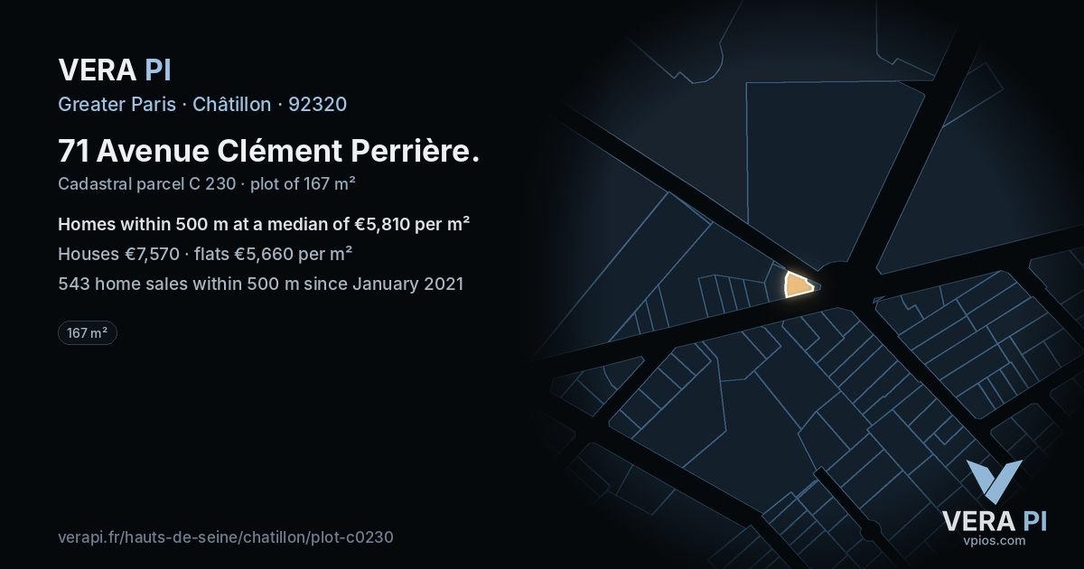 71 Avenue Clément Perrière, Châtillon at night – the plot lit, the parcels around coloured by the prices near them