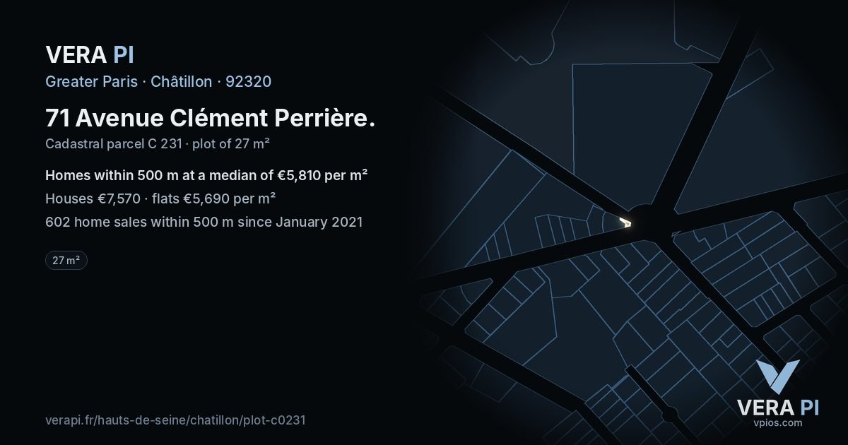 71 Avenue Clément Perrière, Châtillon at night – the plot lit, the parcels around coloured by the prices near them