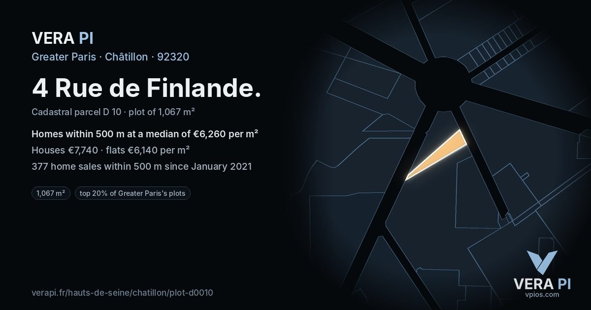 4 Rue de Finlande, Châtillon at night – the plot lit, the parcels around coloured by the prices near them