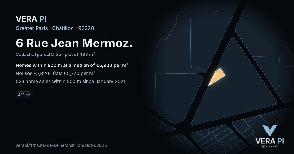 6 Rue Jean Mermoz, Châtillon at night – the plot lit, the parcels around coloured by the prices near them