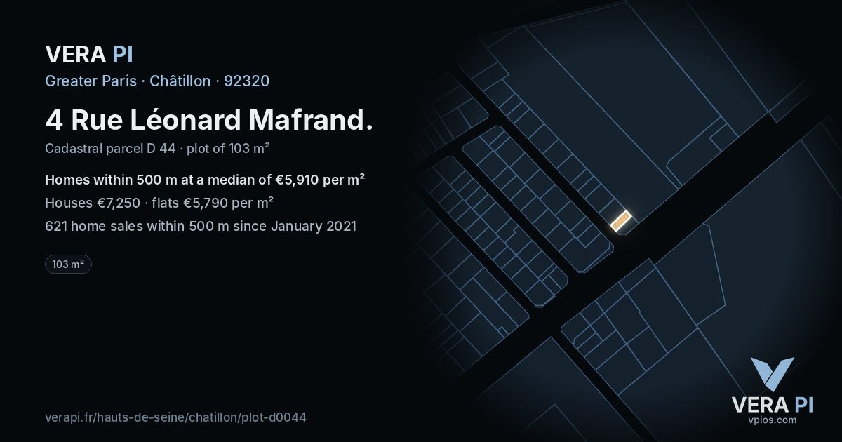 4 Rue Léonard Mafrand, Châtillon at night – the plot lit, the parcels around coloured by the prices near them