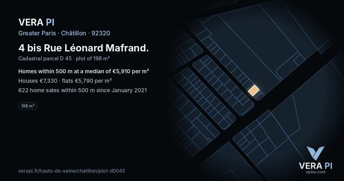 4 bis Rue Léonard Mafrand, Châtillon at night – the plot lit, the parcels around coloured by the prices near them