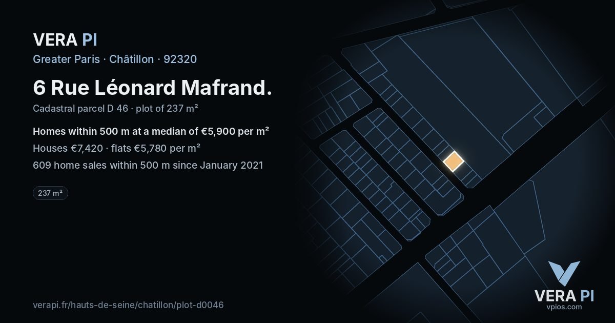 6 Rue Léonard Mafrand, Châtillon at night – the plot lit, the parcels around coloured by the prices near them