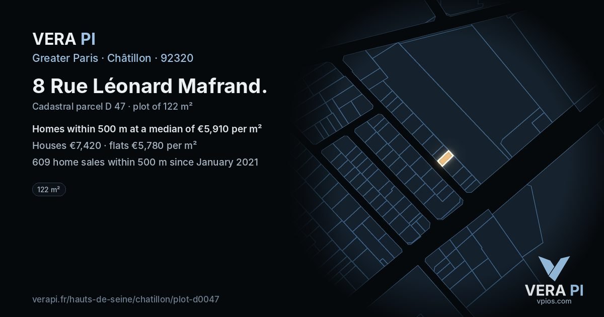 8 Rue Léonard Mafrand, Châtillon at night – the plot lit, the parcels around coloured by the prices near them