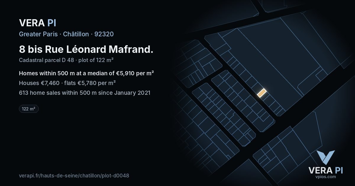 8 bis Rue Léonard Mafrand, Châtillon at night – the plot lit, the parcels around coloured by the prices near them