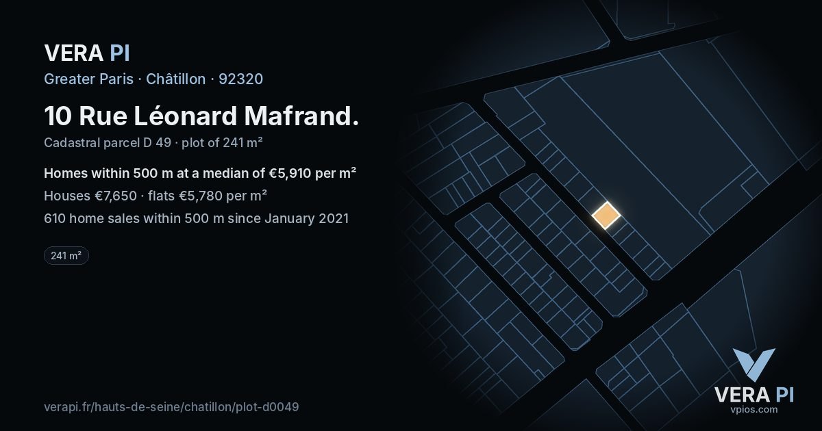 10 Rue Léonard Mafrand, Châtillon at night – the plot lit, the parcels around coloured by the prices near them