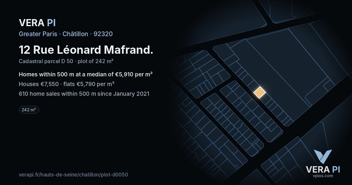 12 Rue Léonard Mafrand, Châtillon at night – the plot lit, the parcels around coloured by the prices near them