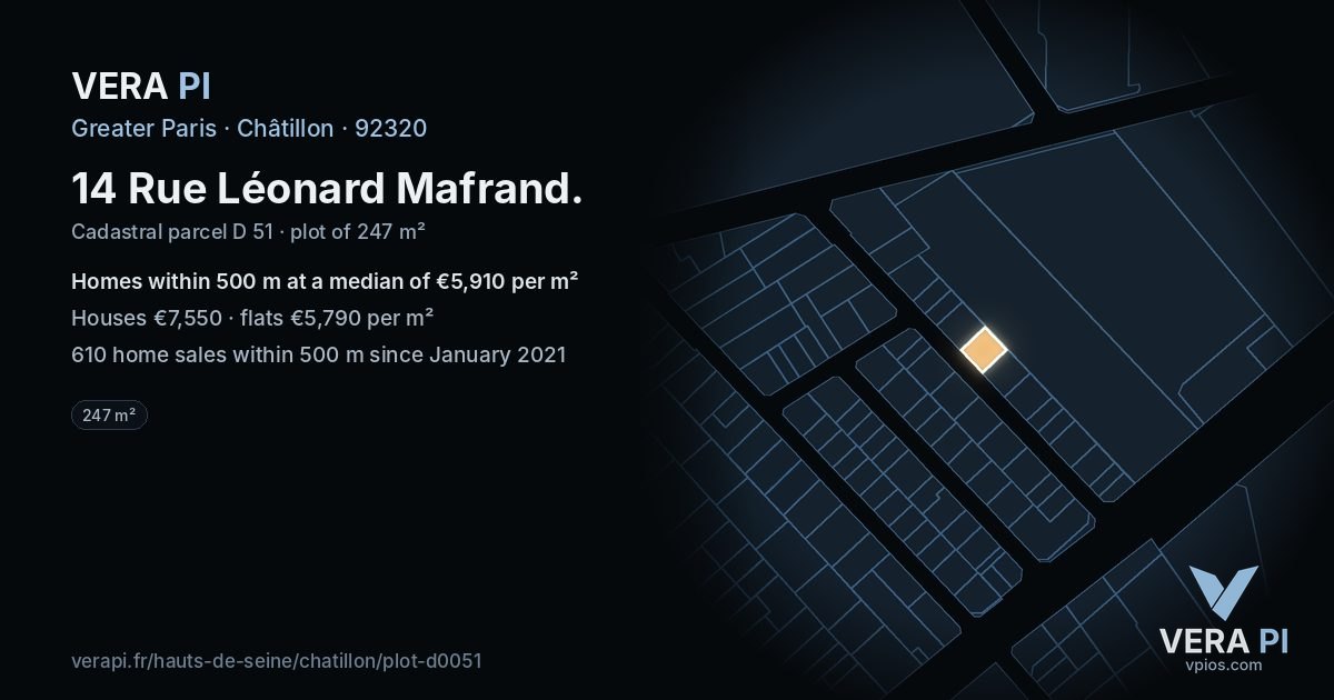 14 Rue Léonard Mafrand, Châtillon at night – the plot lit, the parcels around coloured by the prices near them