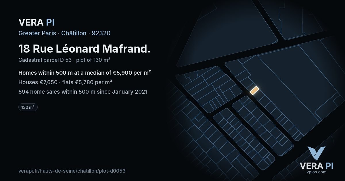 18 Rue Léonard Mafrand, Châtillon at night – the plot lit, the parcels around coloured by the prices near them