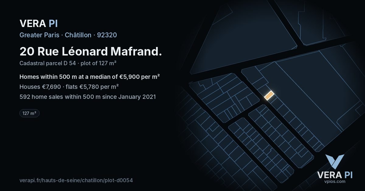 20 Rue Léonard Mafrand, Châtillon at night – the plot lit, the parcels around coloured by the prices near them