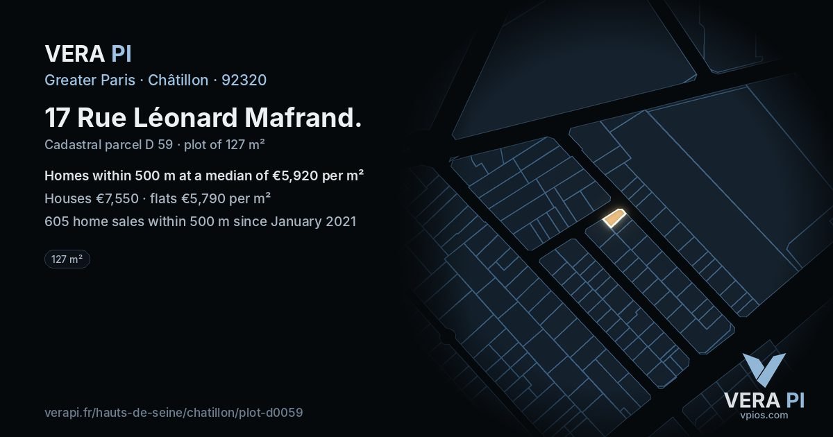 17 Rue Léonard Mafrand, Châtillon at night – the plot lit, the parcels around coloured by the prices near them