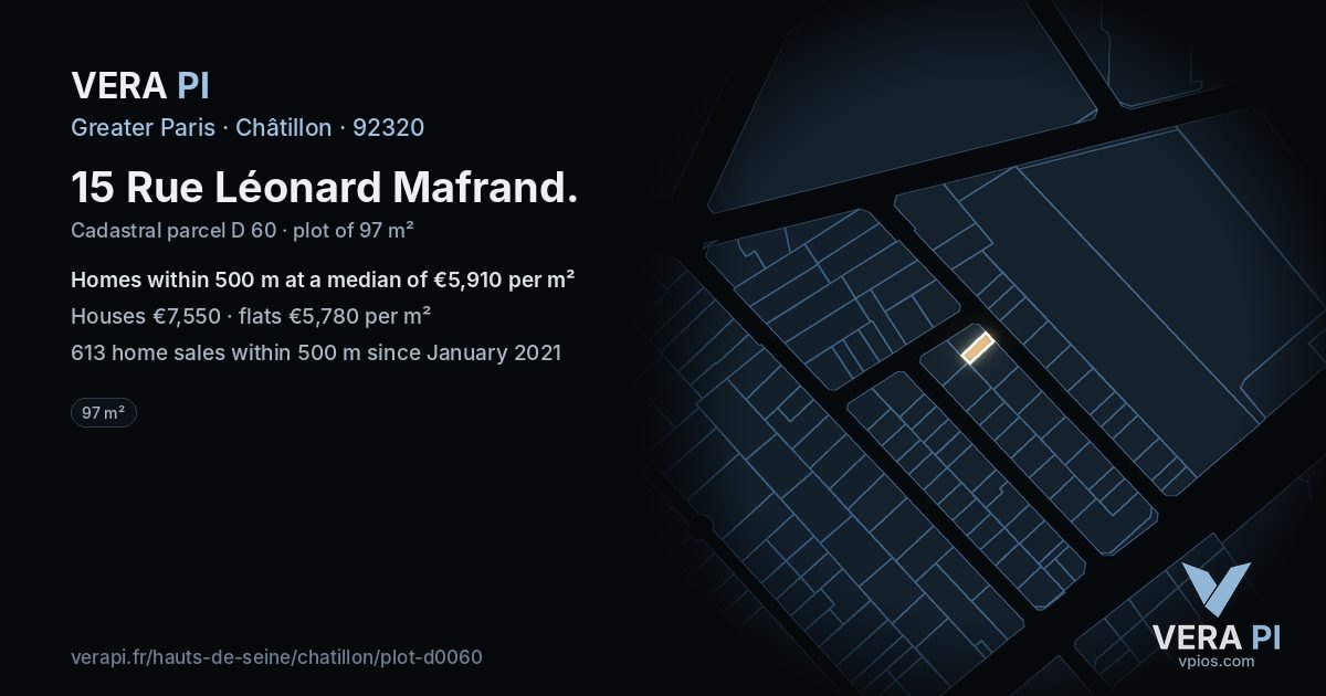 15 Rue Léonard Mafrand, Châtillon at night – the plot lit, the parcels around coloured by the prices near them