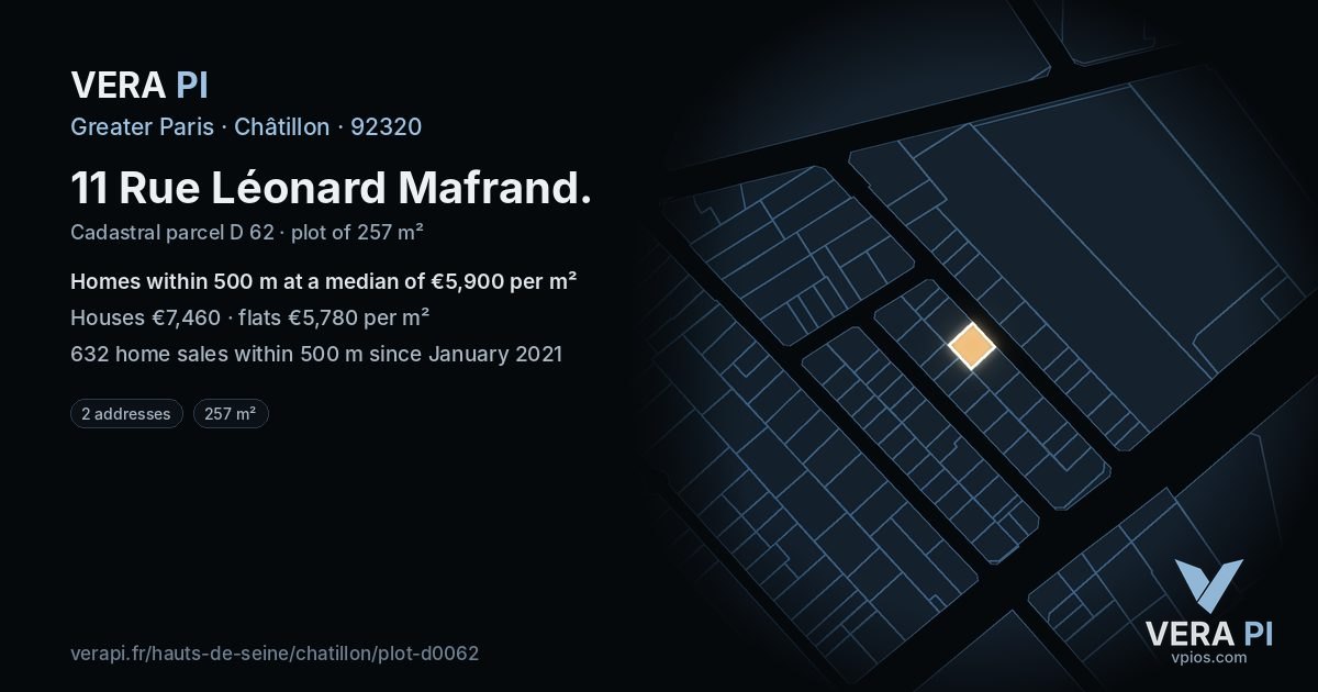 11 Rue Léonard Mafrand, Châtillon at night – the plot lit, the parcels around coloured by the prices near them
