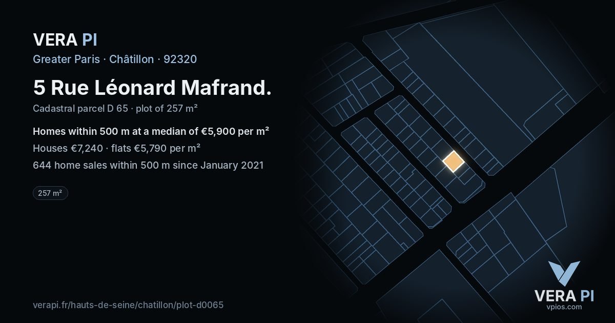 5 Rue Léonard Mafrand, Châtillon at night – the plot lit, the parcels around coloured by the prices near them