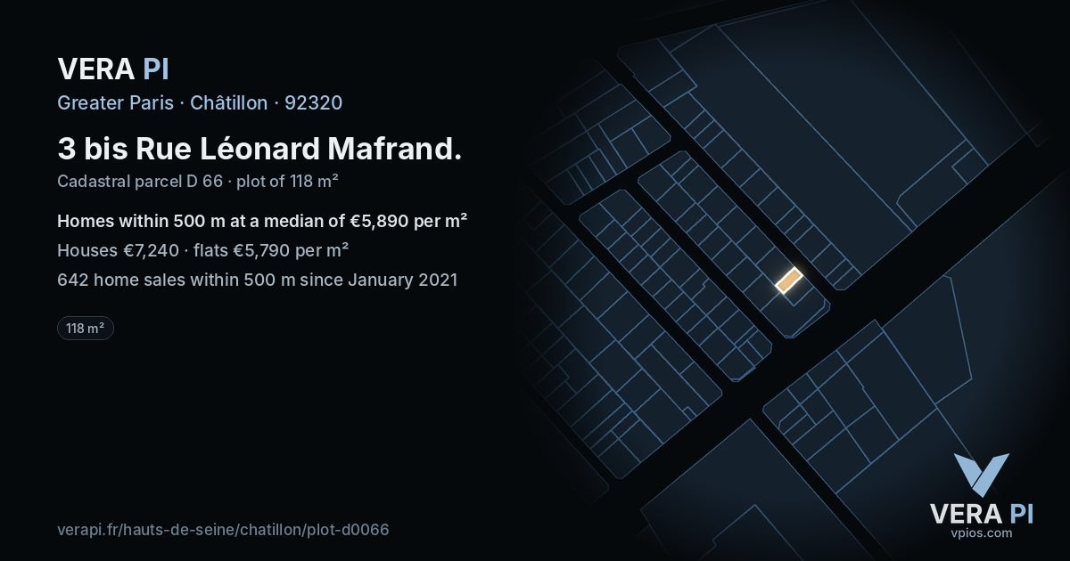 3 bis Rue Léonard Mafrand, Châtillon at night – the plot lit, the parcels around coloured by the prices near them