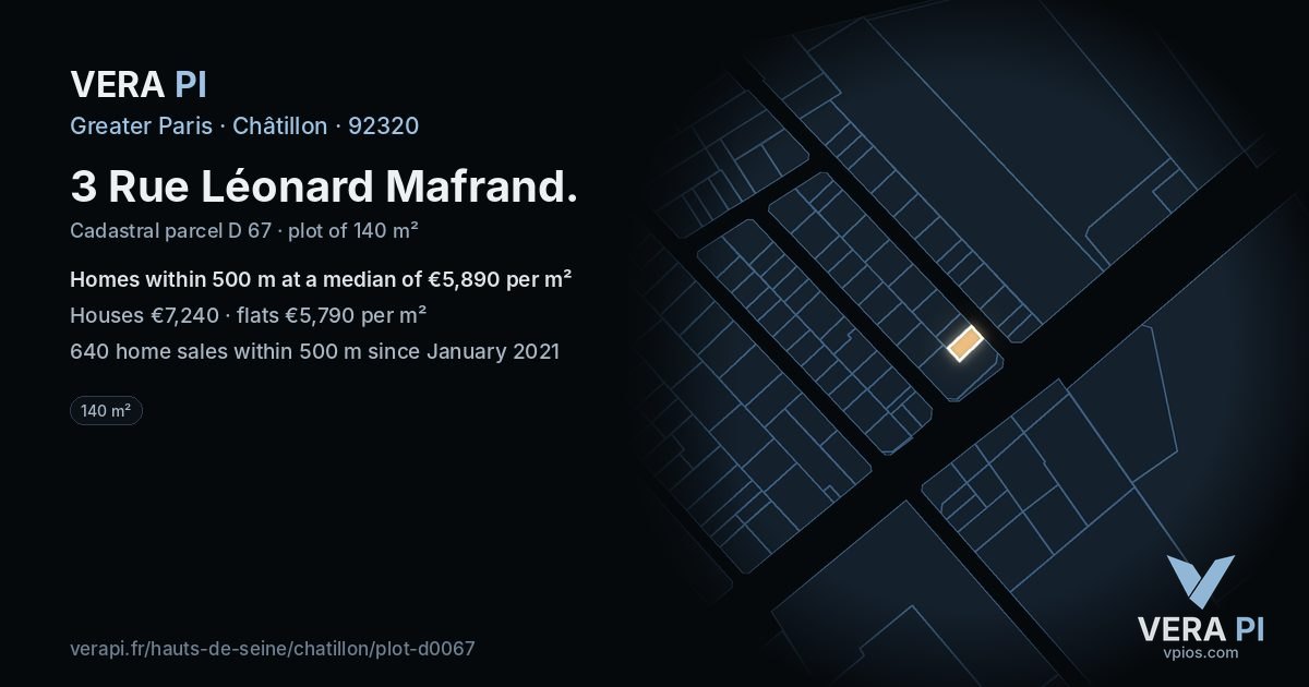 3 Rue Léonard Mafrand, Châtillon at night – the plot lit, the parcels around coloured by the prices near them