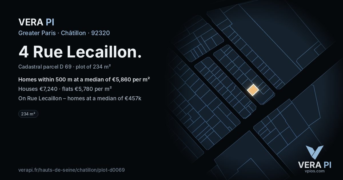 4 Rue Lecaillon, Châtillon at night – the plot lit, the parcels around coloured by the prices near them
