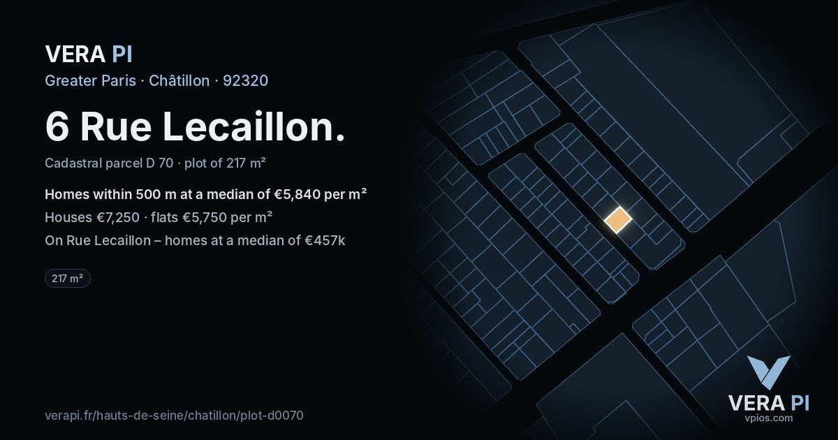 6 Rue Lecaillon, Châtillon at night – the plot lit, the parcels around coloured by the prices near them