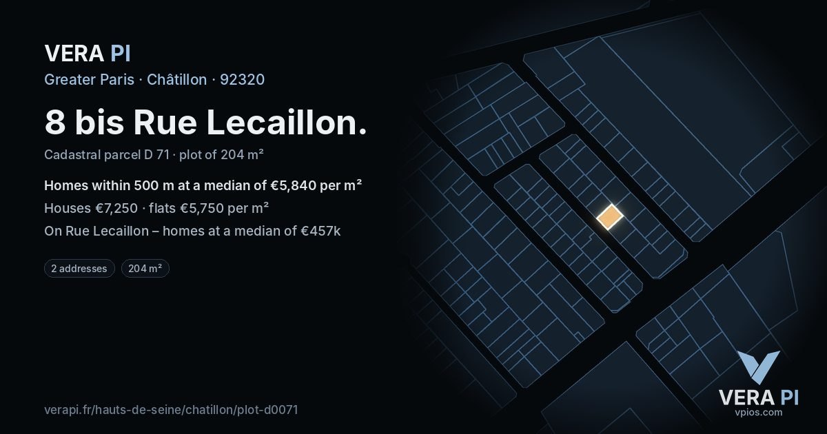 8 bis Rue Lecaillon, Châtillon at night – the plot lit, the parcels around coloured by the prices near them