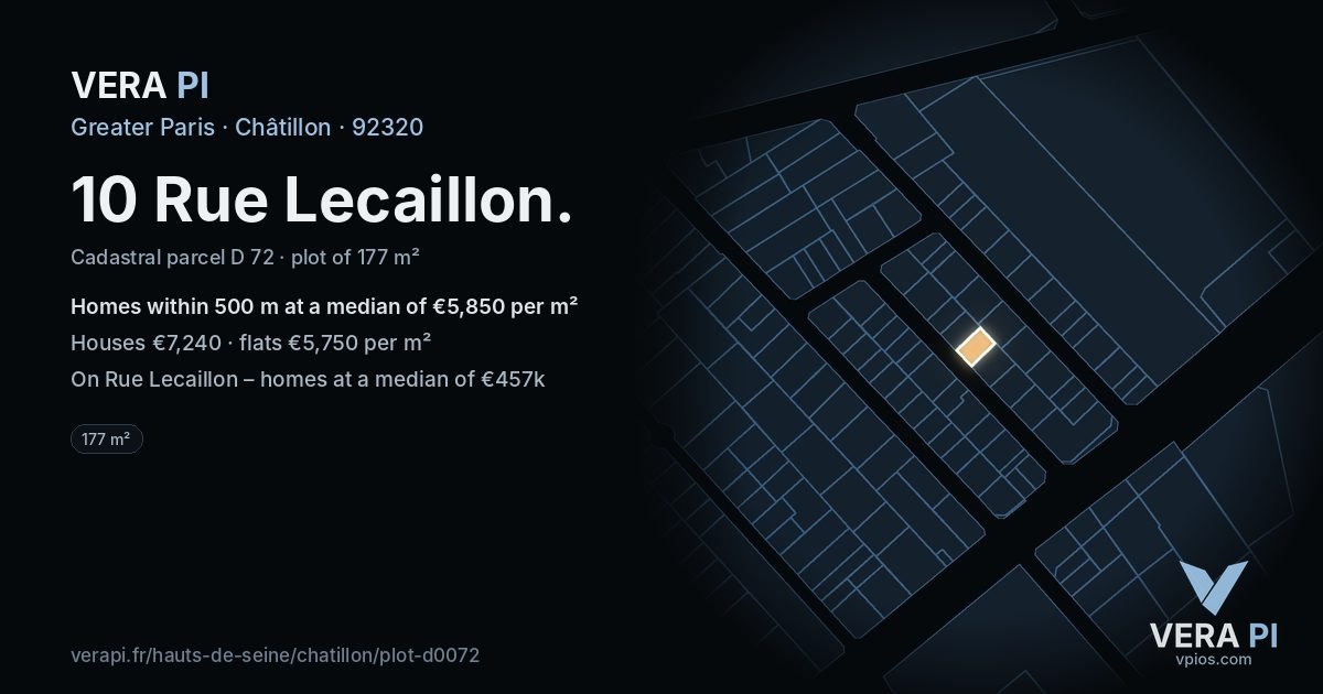10 Rue Lecaillon, Châtillon at night – the plot lit, the parcels around coloured by the prices near them