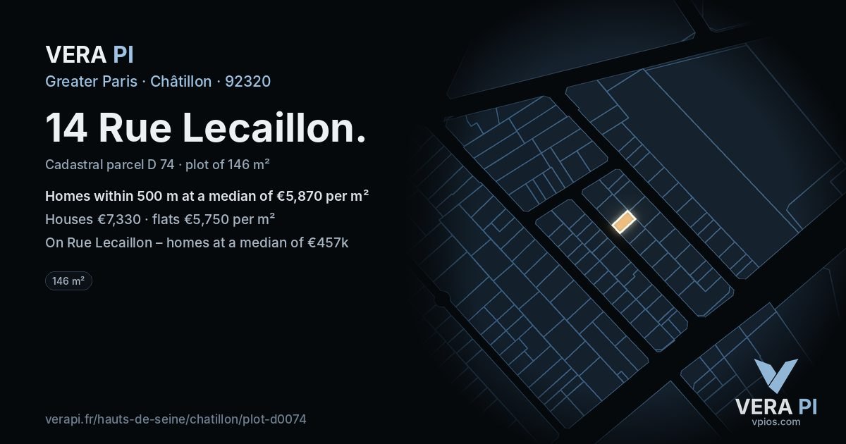 14 Rue Lecaillon, Châtillon at night – the plot lit, the parcels around coloured by the prices near them