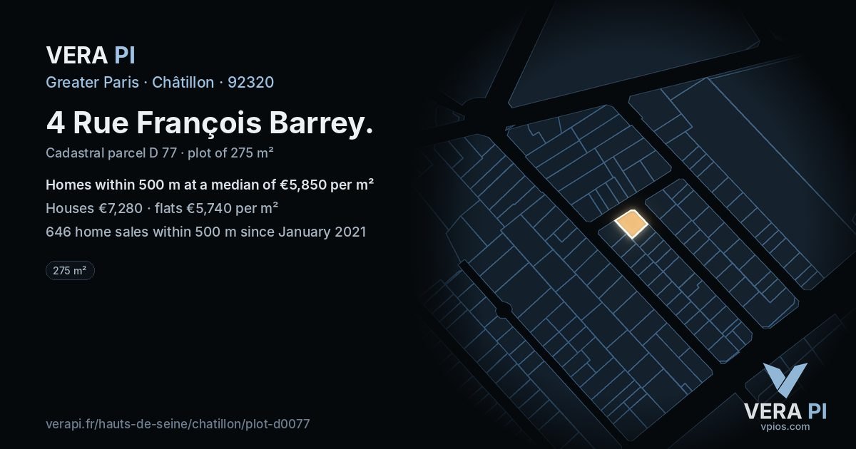 4 Rue François Barrey, Châtillon at night – the plot lit, the parcels around coloured by the prices near them