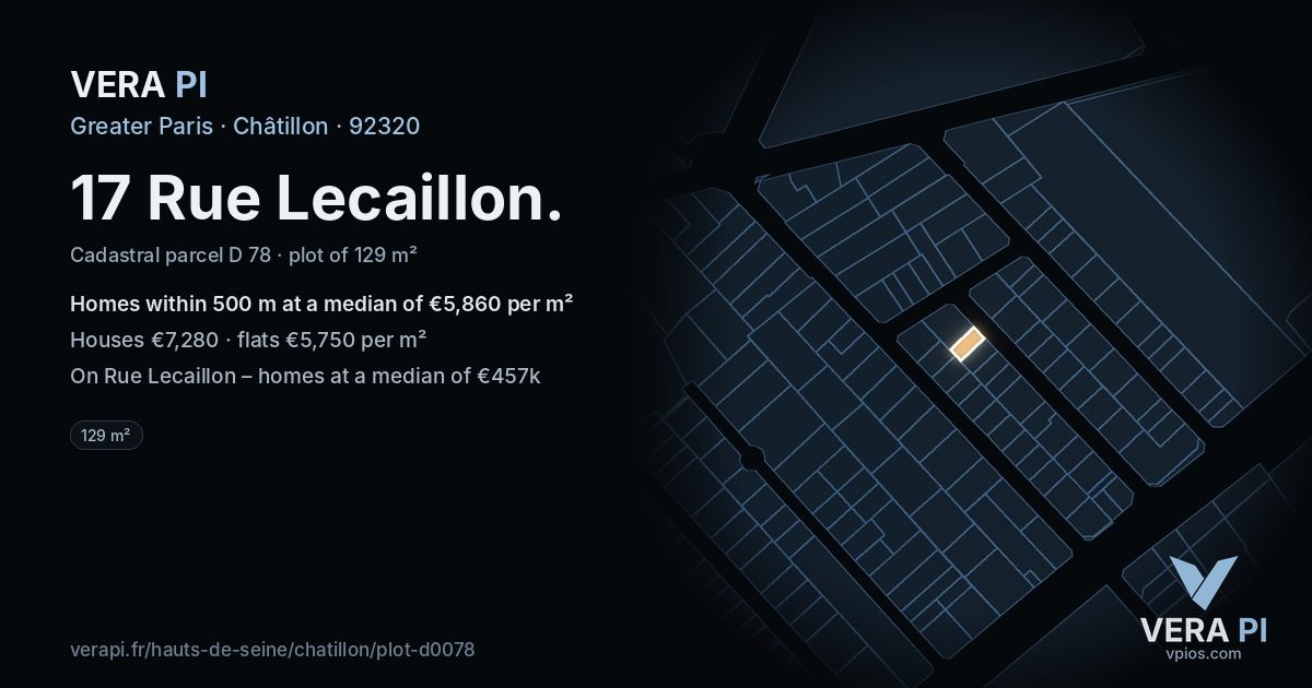 17 Rue Lecaillon, Châtillon at night – the plot lit, the parcels around coloured by the prices near them