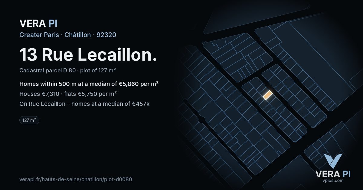 13 Rue Lecaillon, Châtillon at night – the plot lit, the parcels around coloured by the prices near them