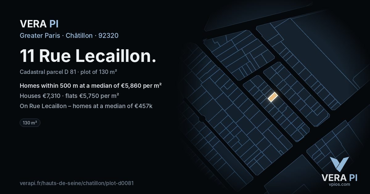 11 Rue Lecaillon, Châtillon at night – the plot lit, the parcels around coloured by the prices near them