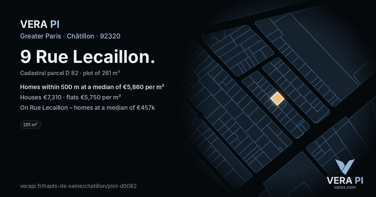 9 Rue Lecaillon, Châtillon at night – the plot lit, the parcels around coloured by the prices near them