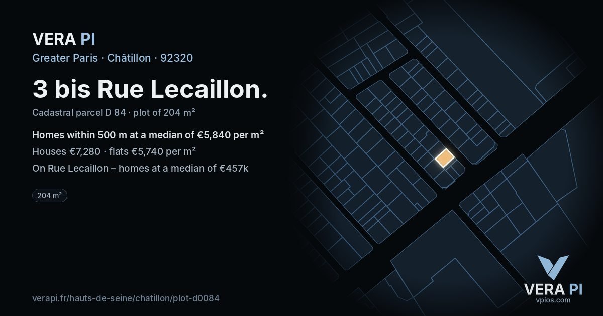 3 bis Rue Lecaillon, Châtillon at night – the plot lit, the parcels around coloured by the prices near them