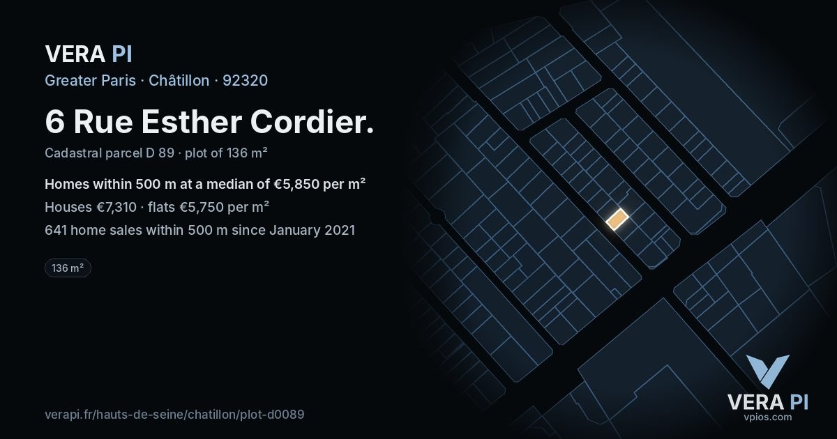 6 Rue Esther Cordier, Châtillon at night – the plot lit, the parcels around coloured by the prices near them