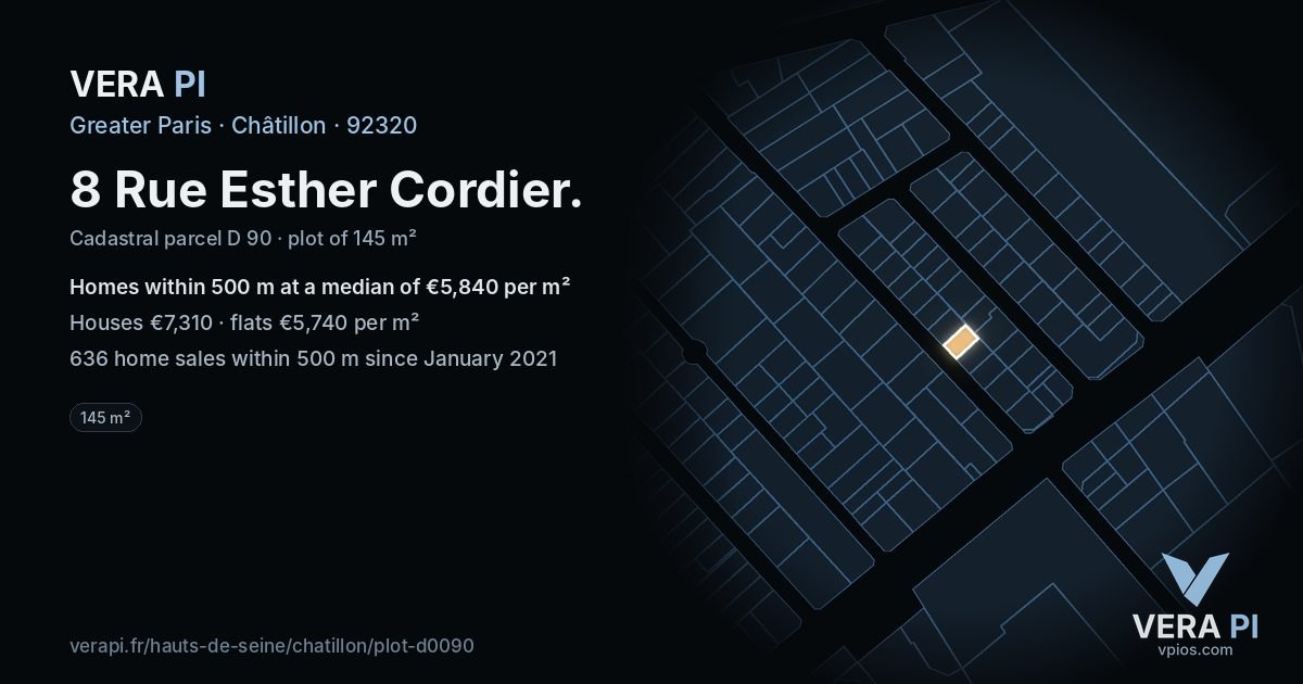 8 Rue Esther Cordier, Châtillon at night – the plot lit, the parcels around coloured by the prices near them
