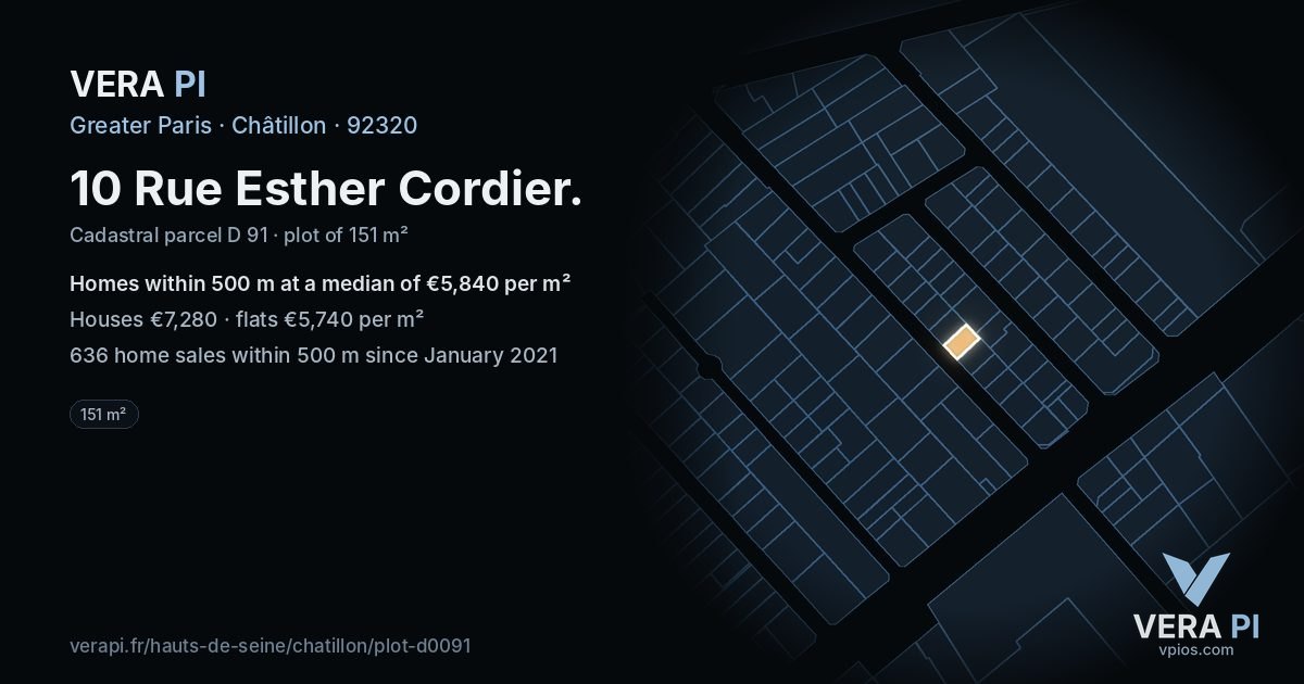 10 Rue Esther Cordier, Châtillon at night – the plot lit, the parcels around coloured by the prices near them