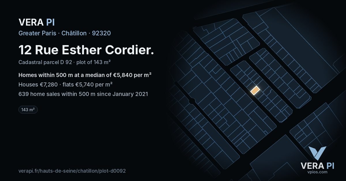 12 Rue Esther Cordier, Châtillon at night – the plot lit, the parcels around coloured by the prices near them