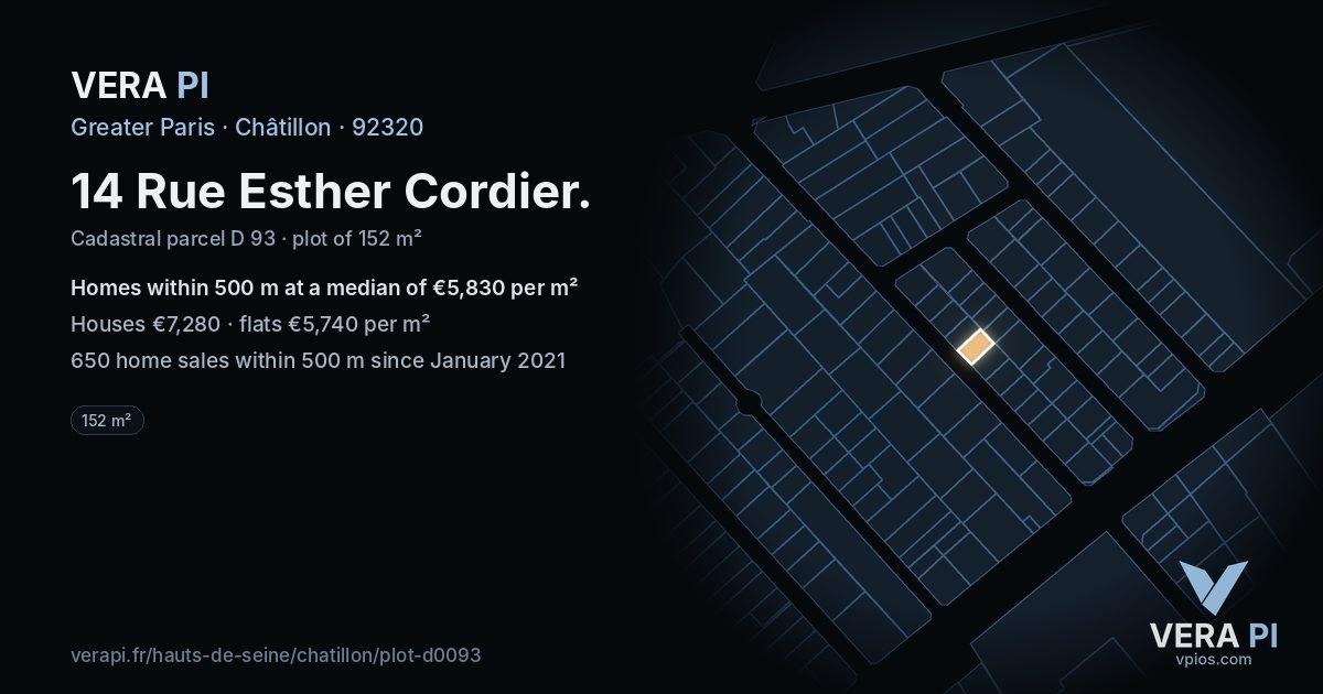 14 Rue Esther Cordier, Châtillon at night – the plot lit, the parcels around coloured by the prices near them