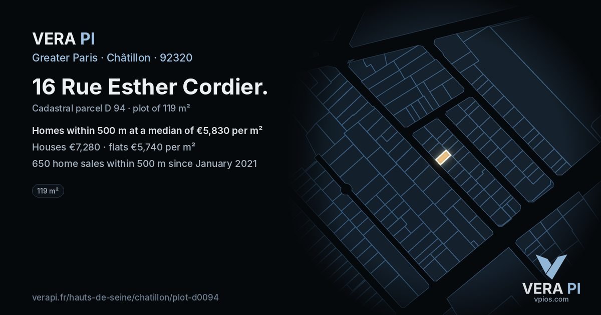 16 Rue Esther Cordier, Châtillon at night – the plot lit, the parcels around coloured by the prices near them