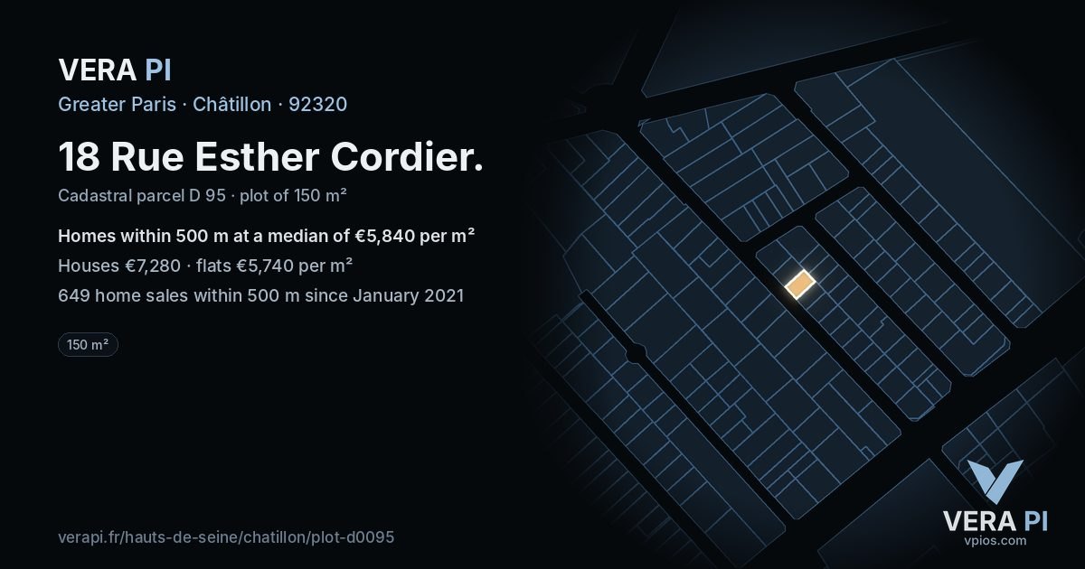 18 Rue Esther Cordier, Châtillon at night – the plot lit, the parcels around coloured by the prices near them