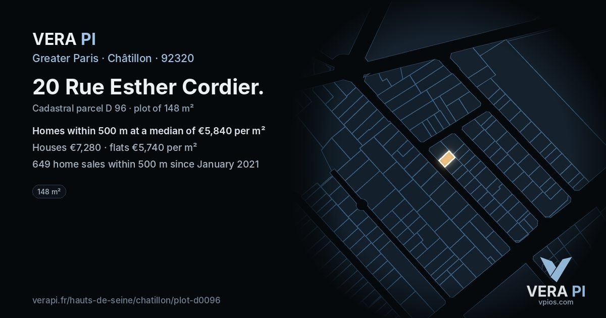 20 Rue Esther Cordier, Châtillon at night – the plot lit, the parcels around coloured by the prices near them