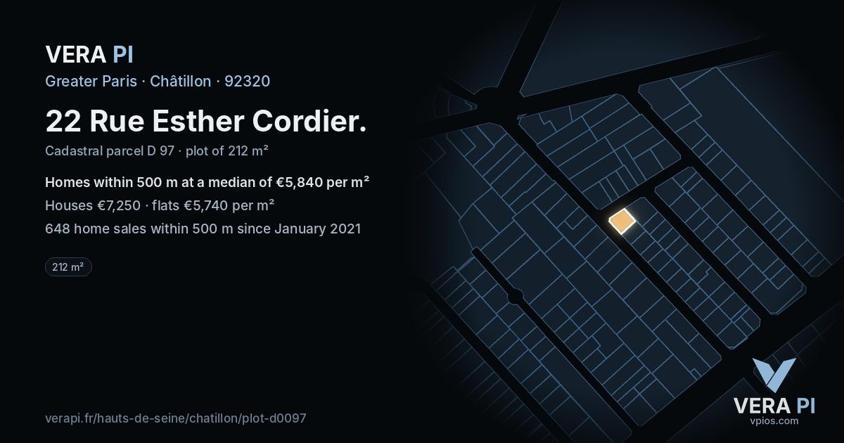 22 Rue Esther Cordier, Châtillon at night – the plot lit, the parcels around coloured by the prices near them