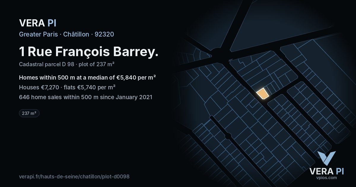 1 Rue François Barrey, Châtillon at night – the plot lit, the parcels around coloured by the prices near them