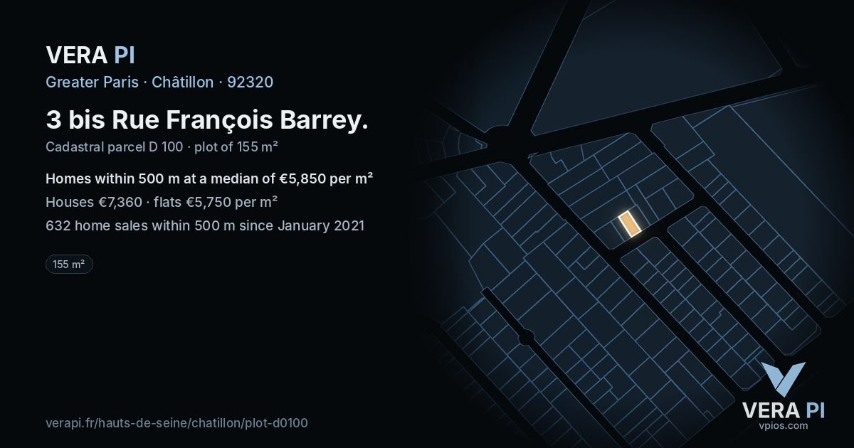 3 bis Rue François Barrey, Châtillon at night – the plot lit, the parcels around coloured by the prices near them