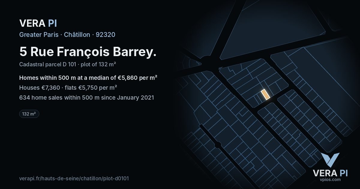 5 Rue François Barrey, Châtillon at night – the plot lit, the parcels around coloured by the prices near them