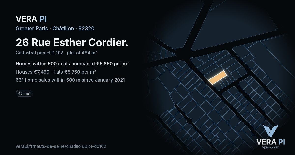 26 Rue Esther Cordier, Châtillon at night – the plot lit, the parcels around coloured by the prices near them