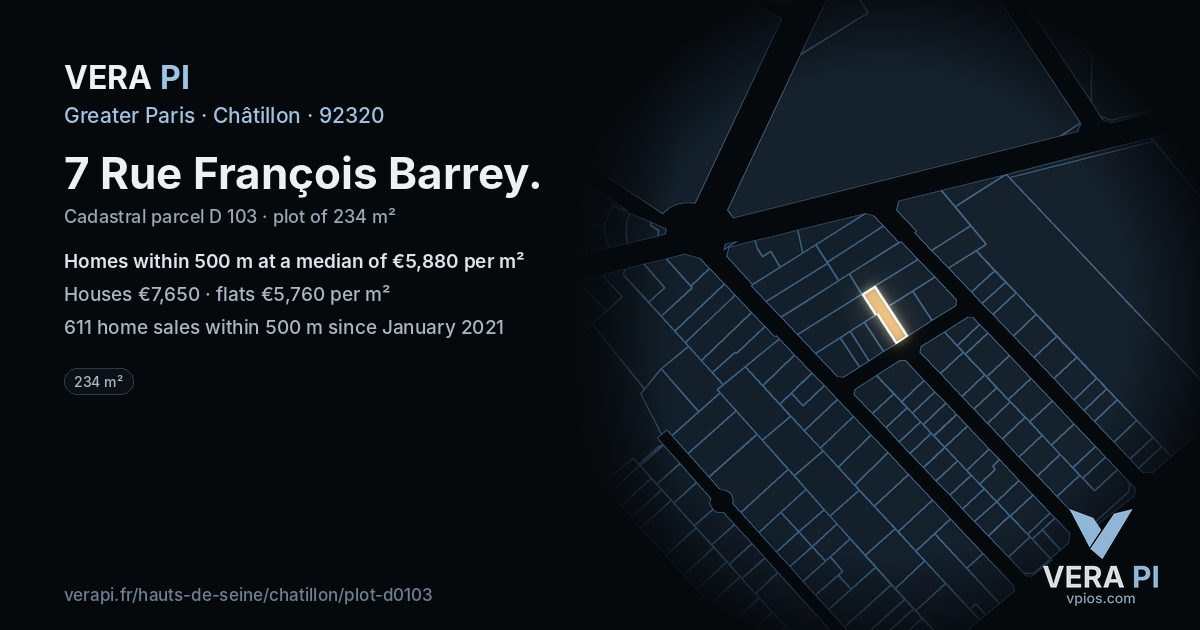 7 Rue François Barrey, Châtillon at night – the plot lit, the parcels around coloured by the prices near them
