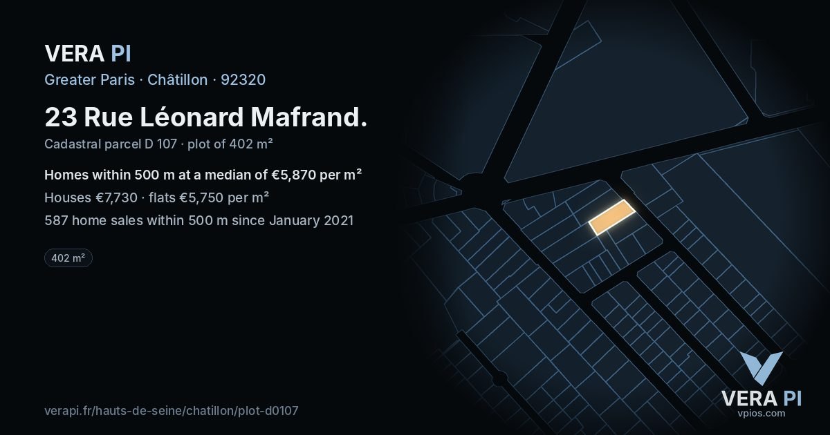 23 Rue Léonard Mafrand, Châtillon at night – the plot lit, the parcels around coloured by the prices near them