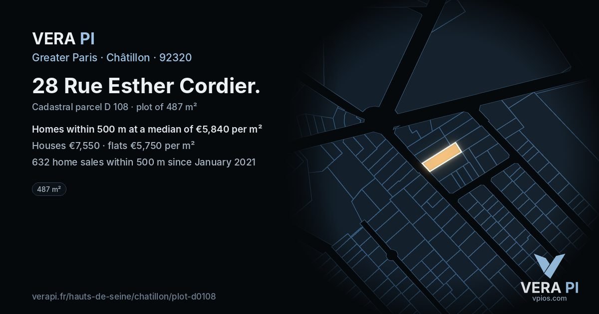28 Rue Esther Cordier, Châtillon at night – the plot lit, the parcels around coloured by the prices near them