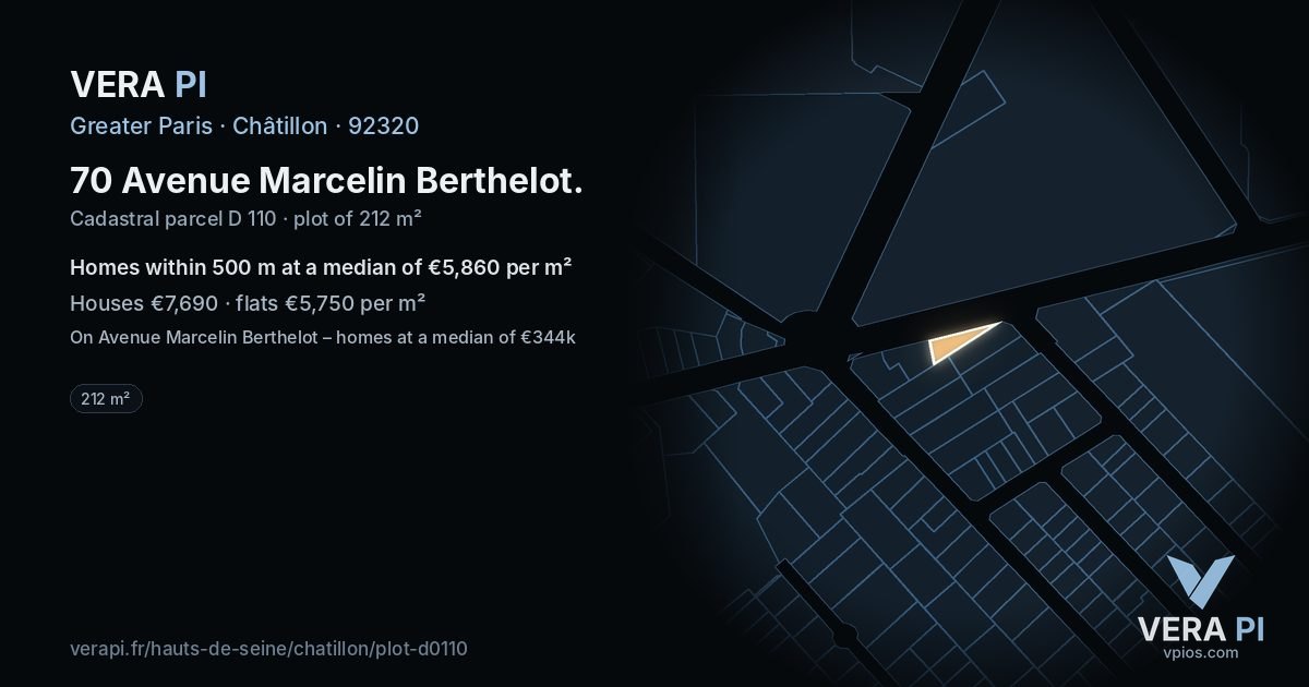 70 Avenue Marcelin Berthelot, Châtillon at night – the plot lit, the parcels around coloured by the prices near them